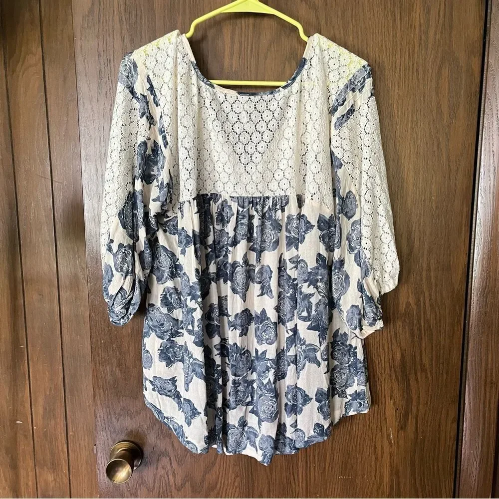 Free People Moon River Floral Peasant Top Blue Ivory Lace Oversized
